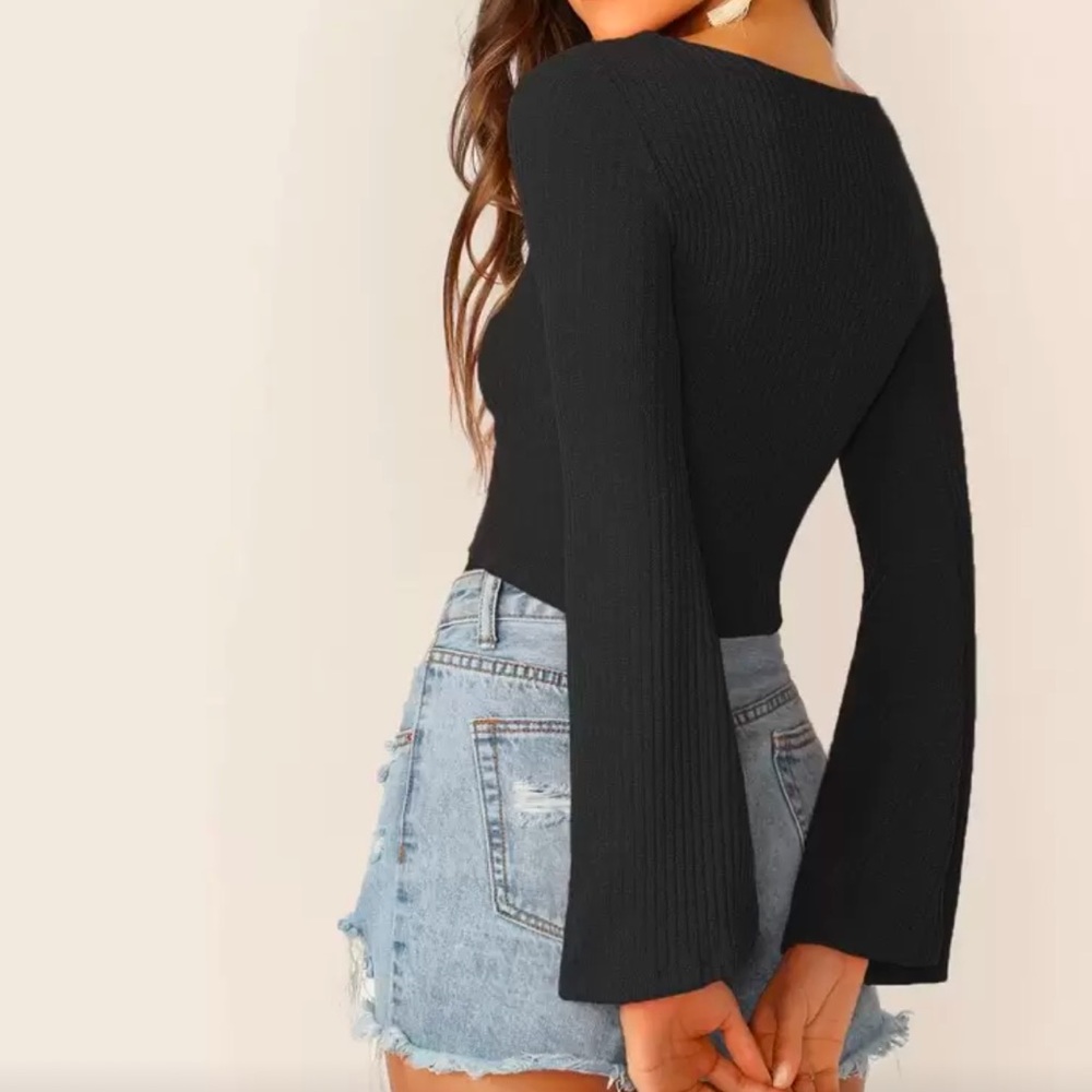 Bell Sleeve Drawstring Ruched Front Ribbed Tee - Picture 2 of 5